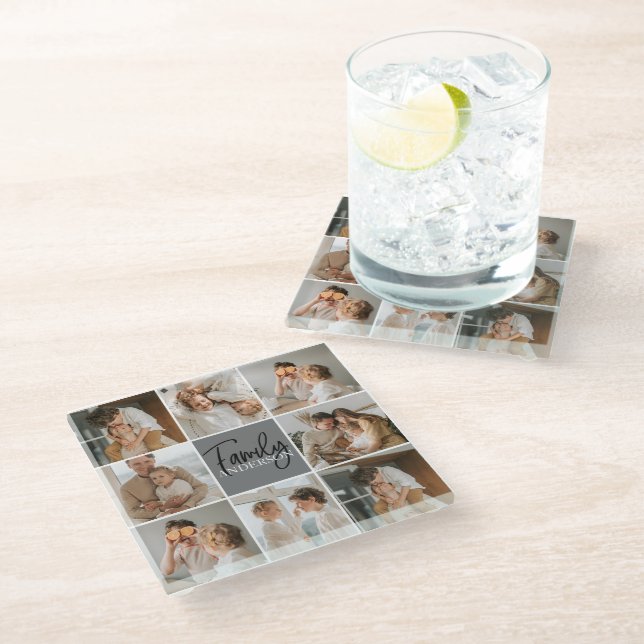 Family Collage Photo & Personalised Grey Gift Glass Coaster (Angled)