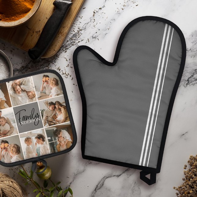 Family Collage Photo & Personalised Grey Gift Oven Mitt & Pot Holder Set (Creator Uploaded)