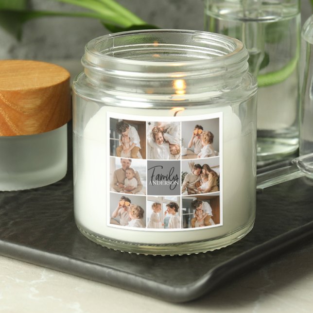 Family Collage Photo & Personalised Grey Gift Square Sticker (Creator Uploaded)