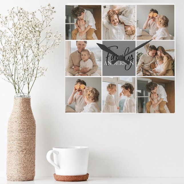 Family Collage Photo & Personalized Gray Gift Square Wall Clock (Creator Uploaded)