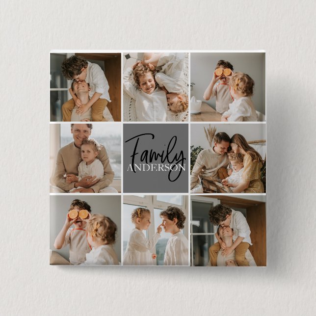 Family Collage Photo & Personalized Grey Gift 15 Cm Square Badge (Front)