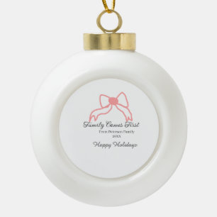 Family comes first red bow family name holidays ceramic ball christmas ornament