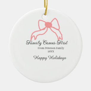 Family comes first red bow family name holidays ceramic ornament