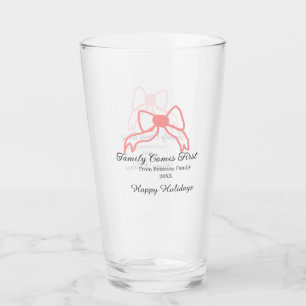 Family comes first red bow family name holidays glass