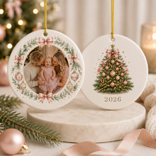 Family Coquette Bow Photo Christmas Ceramic Ornament