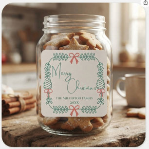 Family Cream Green Red Merry Christmas Wreath Square Sticker