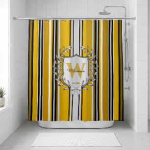 Family Crest Yellow Black White Stripe Monogram Shower Curtain