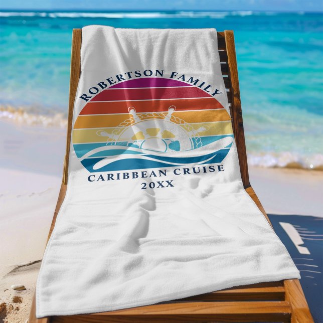 Family Cruise Ship Wheel Retro Sunset Beach Towel (Creator Uploaded)