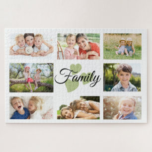 Family Custom 8 Photo Spring White Green Hearts Jigsaw Puzzle