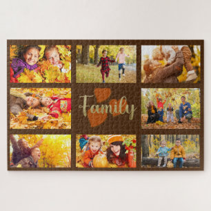 Family Custom Photo Fall Autumn Brown Gold Hearts Jigsaw Puzzle