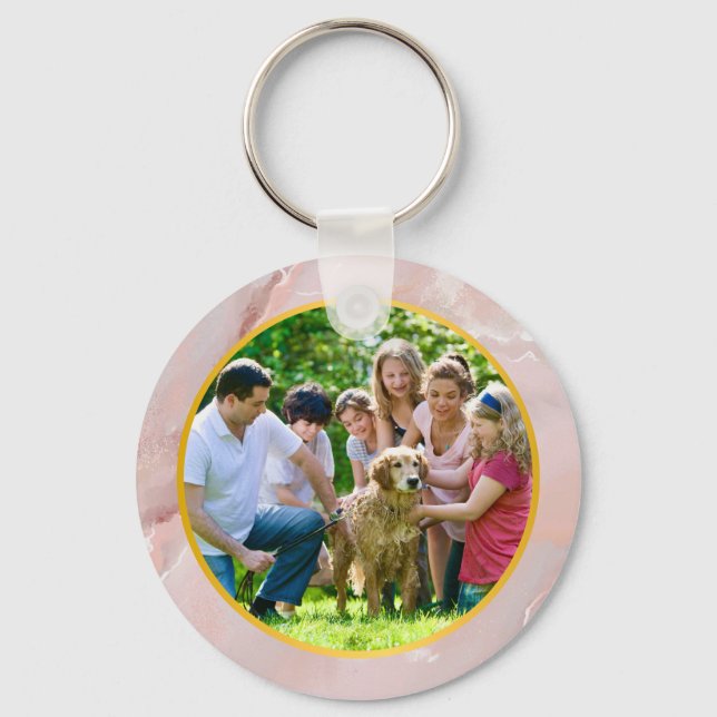 Family Custom Photo in Gold & elegant Pink marble Key Ring (Front)