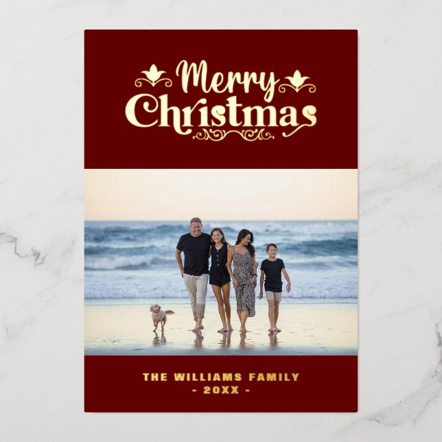 Family Custom Photo Merry Christmas Simple Modern Foil Holiday Card (Front)