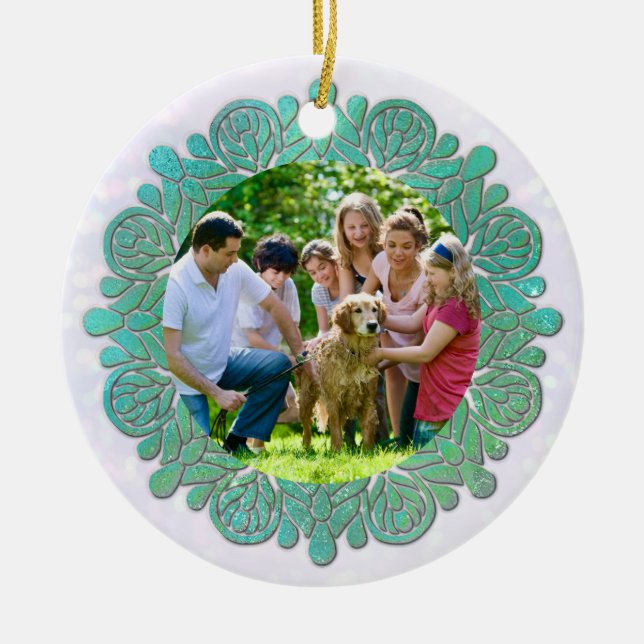 Family Custom Photo with Elegant Turquoise Mandala Ceramic Ornament (Front)