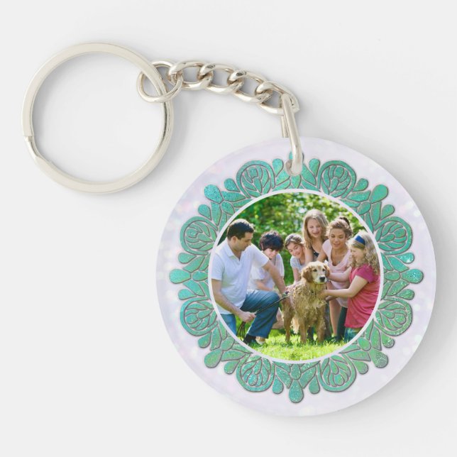 Family Custom Photo with Elegant Turquoise Mandala Key Ring (Front)