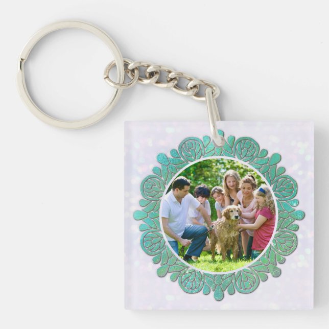 Family Custom Photo with Elegant Turquoise Mandala Key Ring (Front)