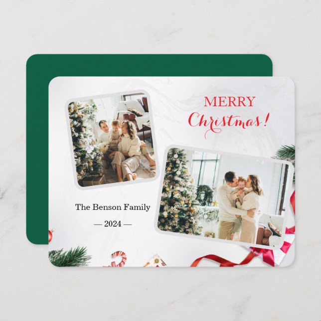 Family Cute Merry Christmas 2 Photo Holiday Card (Front/Back)