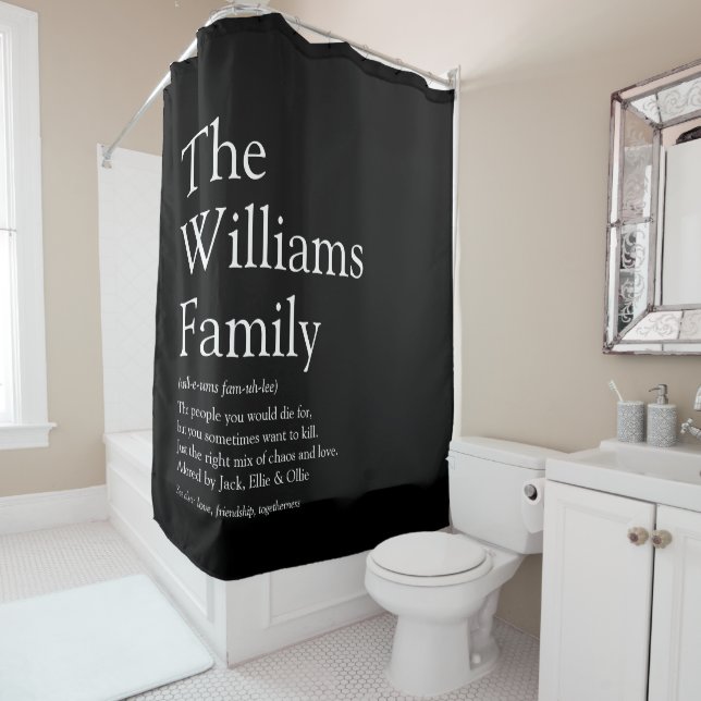Family Definition Black and White Modern Shower Curtain (In Situ)