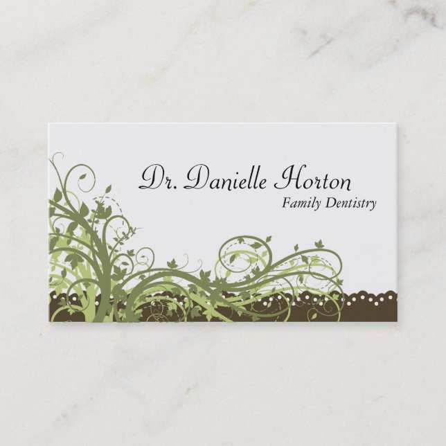 Family Dentist Business Card Green Elegant Floral (Front)