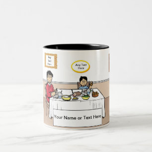 Family Dinner, Single Dad, 1 Boy Cartoon Two-Tone Coffee Mug