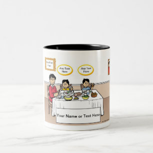 Family Dinner, Single Dad, 2 Boys Cartoon  Two-Tone Coffee Mug