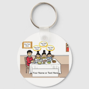 Family Dinner, Single Dad, 2 Girls Cartoon Key Ring
