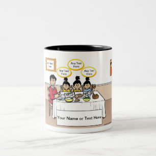 Family Dinner, Single Dad, 2 Girls Cartoon Two-Tone Coffee Mug