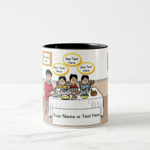 Family Dinner, Single Dad, 3 Boys Cartoon Two-Tone Coffee Mug