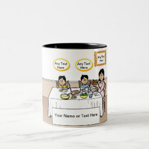 Family Dinner, Single Mum, 2 Boys Cartoon Two-Tone Coffee Mug
