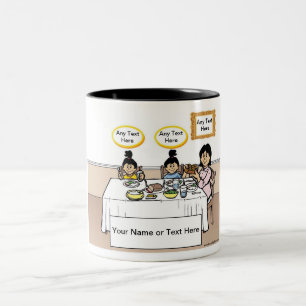 Family Dinner, Single Mum, 2 Girls Cartoon Two-Tone Coffee Mug