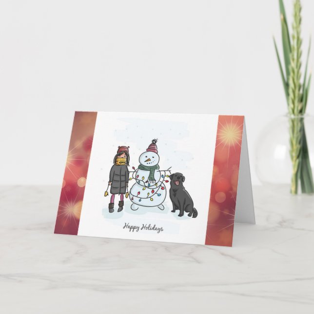 Family & Dog Building Snowman Personalised Card (Front)