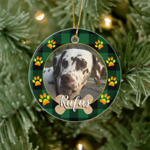 Family Dog photo & bone, paws, Green buffalo Plaid Ceramic Ornament