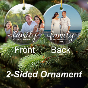 Family Elegant Script Overlay Double Sided Photo Ceramic Ornament