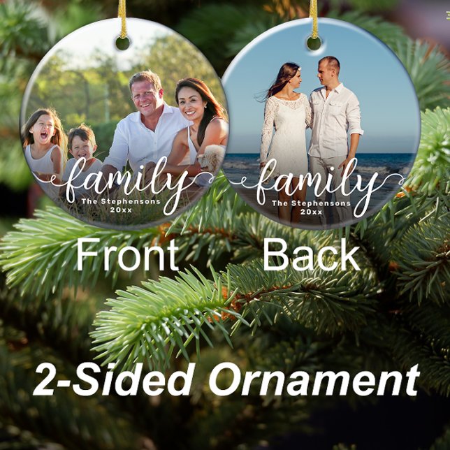 Family Elegant Script Overlay Double Sided Photo Ceramic Ornament (double sided annual family photo christmas ornament)