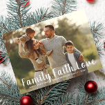 Family Faith Love Merry Christmas Large Photo Holiday Card<br><div class="desc">Celebrate the season and what's important to you and your family. This beautiful card features your photo overlayed with hand lettered script typography that reads "Family Faith Love" - easily change to your custom words. The backside features a festive polka dot pattern. Simple and Classic yet meaningful and heartfelt -...</div>