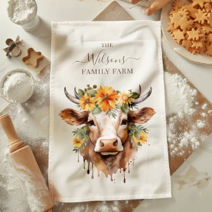 Family Farm Rustic Floral Cow Horns Tea Towel