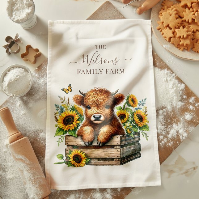 Family Farm Rustic Sunflower Highland Cow Tea Towel (Creator Uploaded)