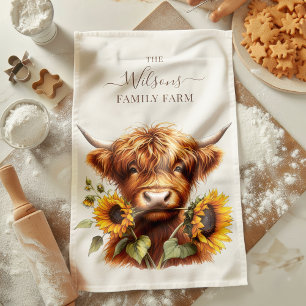 Family Farm Rustic Sunflower Highland Cow Tea Towel