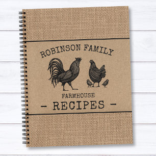 Family Farmhouse Rooster Hen Burlap Craft Recipe Notebook
