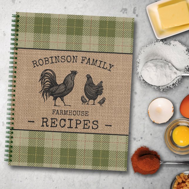 Family Farmhouse Rooster Hen Sage Plaid Recipe Notebook (Several sizes and inside page designs to choose from)