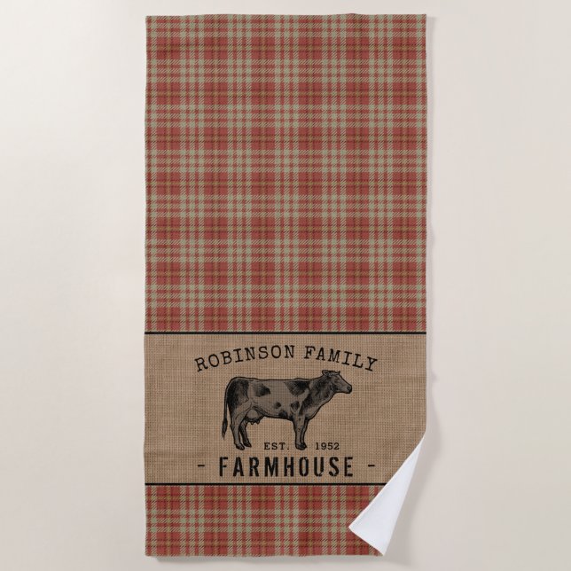 Family Farmhouse Rustic Cow Red Plaid Burlap Beach Towel (Front)