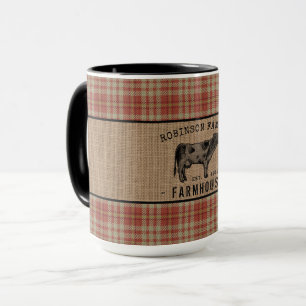 Family Farmhouse Rustic Cow Red Plaid Burlap Big Mug