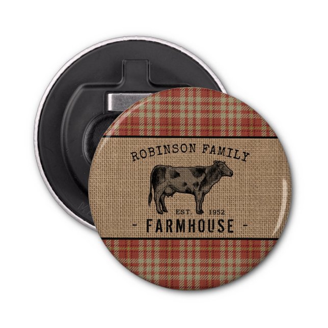Family Farmhouse Rustic Cow Red Plaid Burlap Bottle Opener (Front)