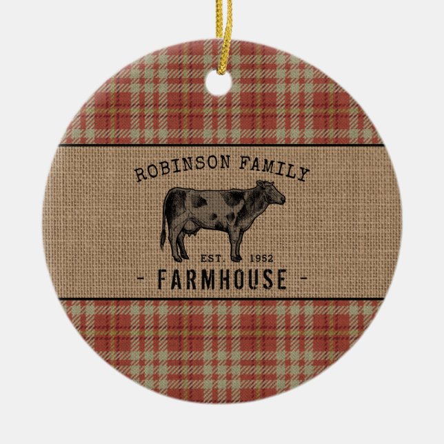 Family Farmhouse Rustic Cow Red Plaid Burlap Ceramic Ornament (Front)