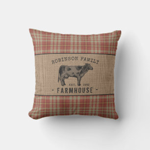 Family Farmhouse Rustic Cow Red Plaid Burlap Cushion
