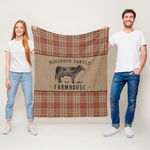 Family Farmhouse Rustic Cow Red Plaid Burlap Fleece Blanket