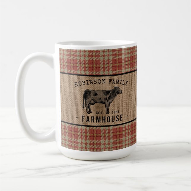 Family Farmhouse Rustic Cow Red Plaid Burlap Large Coffee Mug (Left)