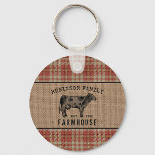 Family Farmhouse Rustic Cow Red Plaid Burlap Round Key Ring