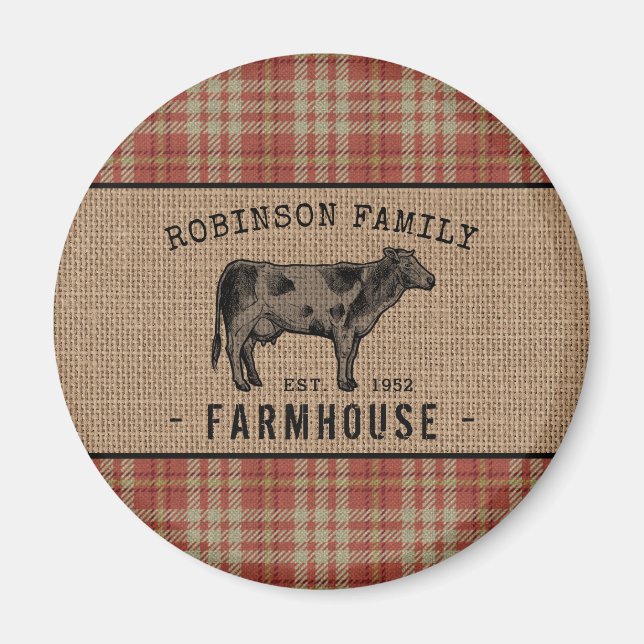 Family Farmhouse Rustic Cow Red Plaid Burlap Round Magnet (Front)