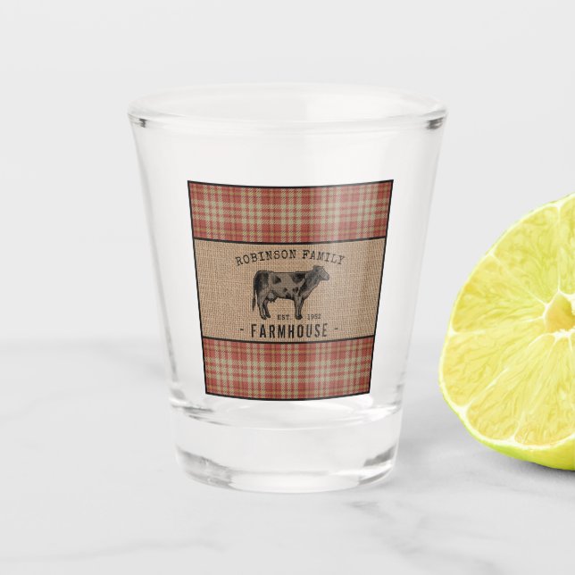 Family Farmhouse Rustic Cow Red Plaid Burlap Shot Glass (Front)