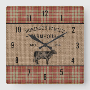 Family Farmhouse Rustic Cow Red Plaid Burlap Square Wall Clock